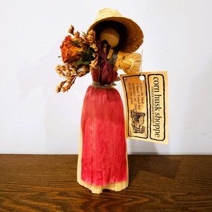 Corn Husk Doll Hand Made North Carolina Folk Art Pink Apron Flowers Bonnet 9"
